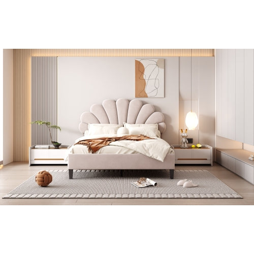 Full Size Upholstered Platform Bed with Flower Pattern Velvet Headboard, Beige