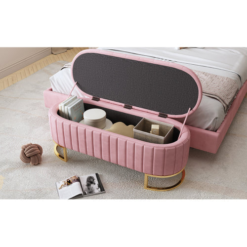 Elegant Upholstered Velvet Storage Ottoman with Button-Tufted,Storage Bench with Metal Legs for Bedroom,Living Room,Fully Assembled Except Legs,Pink