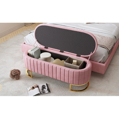 Elegant Upholstered Velvet Storage Ottoman with Button-Tufted,Storage Bench with Metal Legs for Bedroom,Living Room,Fully Assembled Except Legs,Pink
