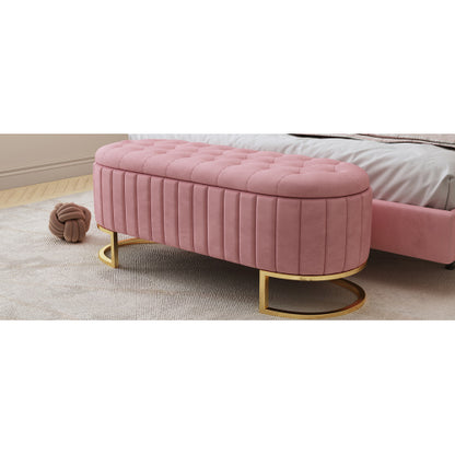 Elegant Upholstered Velvet Storage Ottoman with Button-Tufted,Storage Bench with Metal Legs for Bedroom,Living Room,Fully Assembled Except Legs,Pink
