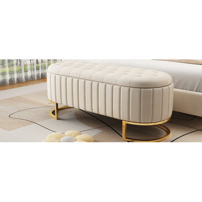 Elegant Upholstered Velvet Storage Ottoman with Button-Tufted,Storage Bench with Metal Legs for Bedroom,Living Room,Fully Assembled Except Legs,Beige