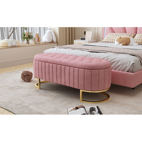 Elegant Upholstered Velvet Storage Ottoman with Button-Tufted,Storage Bench with Metal Legs for Bedroom,Living Room,Fully Assembled Except Legs,Pink