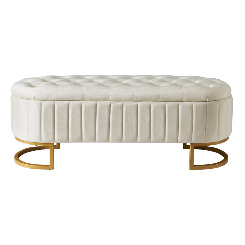 Elegant Upholstered Velvet Storage Ottoman with Button-Tufted,Storage Bench with Metal Legs for Bedroom,Living Room,Fully Assembled Except Legs,Beige