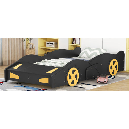 Twin Size Race Car-Shaped Platform Bed with Wheels and Storage, Black+Yellow