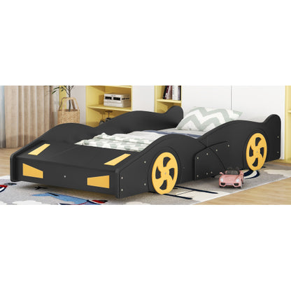 Twin Size Race Car-Shaped Platform Bed with Wheels and Storage, Black+Yellow