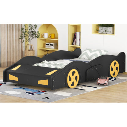 Twin Size Race Car-Shaped Platform Bed with Wheels and Storage, Black+Yellow
