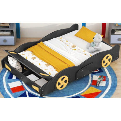 Full Size Race Car-Shaped Platform Bed with Wheels and Storage, Black+Yellow