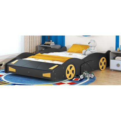Full Size Race Car-Shaped Platform Bed with Wheels and Storage, Black+Yellow