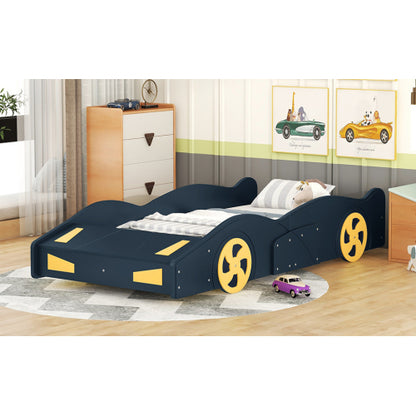 Twin Size Race Car-Shaped Platform Bed with Wheels and Storage, Dark Blue+Yellow