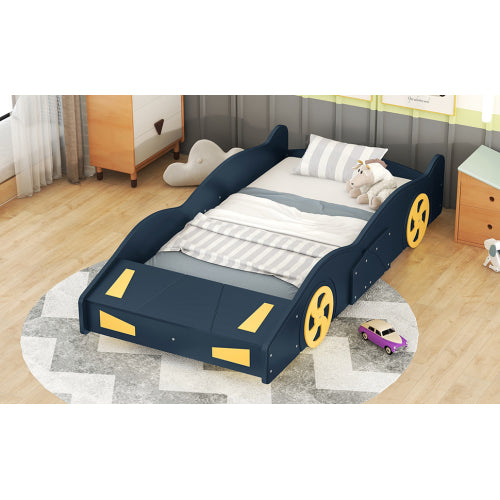 Twin Size Race Car-Shaped Platform Bed with Wheels and Storage, Dark Blue+Yellow
