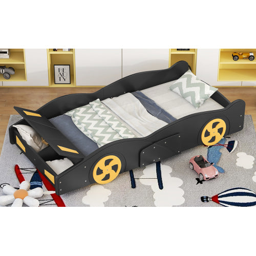Twin Size Race Car-Shaped Platform Bed with Wheels and Storage, Black+Yellow