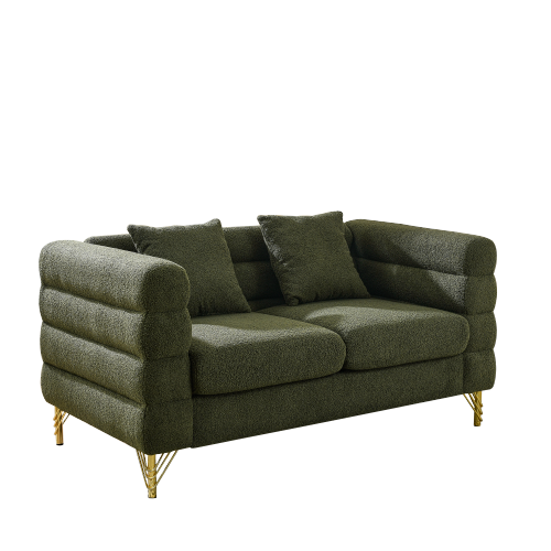 60-Inch Green Teddy-Fabric 2-Seater Modern Sectional Sofa with 2 Pillows