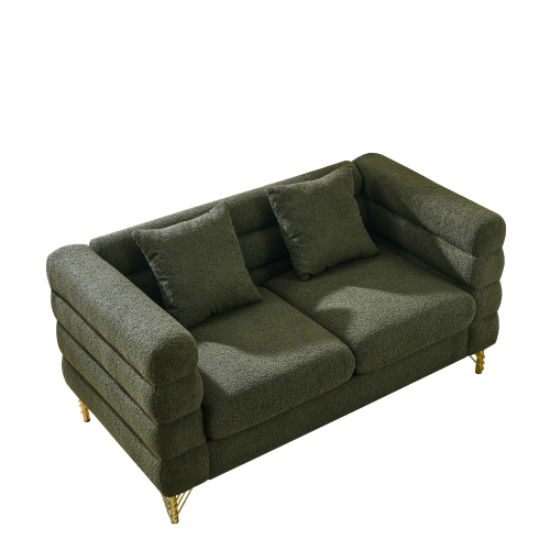 60-Inch Green Teddy-Fabric 2-Seater Modern Sectional Sofa with 2 Pillows