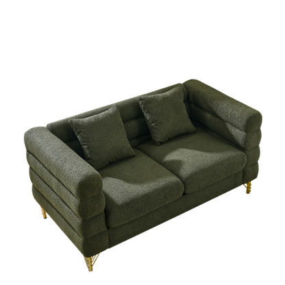 60-Inch Green Teddy-Fabric 2-Seater Modern Sectional Sofa with 2 Pillows