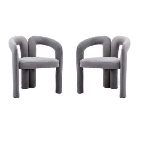 Set of 2 Gray Velvet Barrel Dining Armchairs, Contemporary Upholstered Accent Side Chairs, 250lbs Capacity