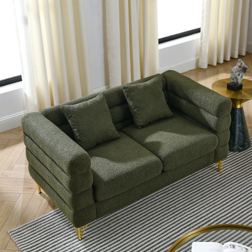 60-Inch Green Teddy-Fabric 2-Seater Modern Sectional Sofa with 2 Pillows