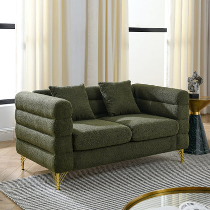 60-Inch Green Teddy-Fabric 2-Seater Modern Sectional Sofa with 2 Pillows