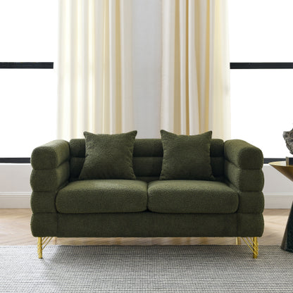 60-Inch Green Teddy-Fabric 2-Seater Modern Sectional Sofa with 2 Pillows