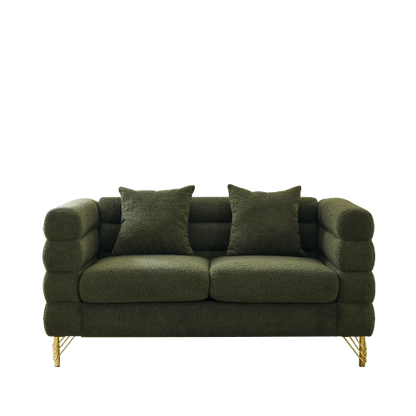60-Inch Green Teddy-Fabric 2-Seater Modern Sectional Sofa with 2 Pillows