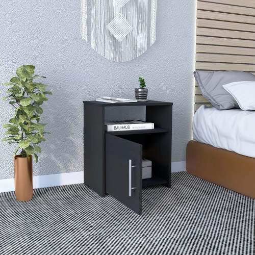 Black RTA Nightstand with Cabinet & Shelf