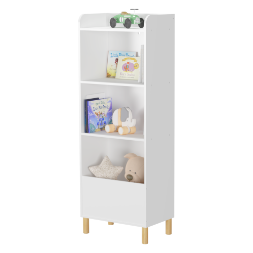 Kids 4-Tier Bookcase and Toy Storage Organizer with Pine Legs, White