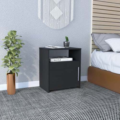Black RTA Nightstand with Cabinet & Shelf