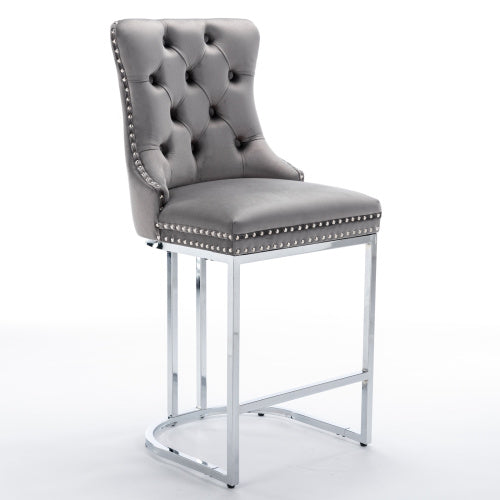 Set of 2 Gray 26in Counter Height Velvet Bar Stools,Chrome Metal Base