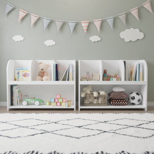White 4-Compartment Kids Safety Bookcase, MDF Toy Storage Rack Max Load 25Lbs with Wall Buckle