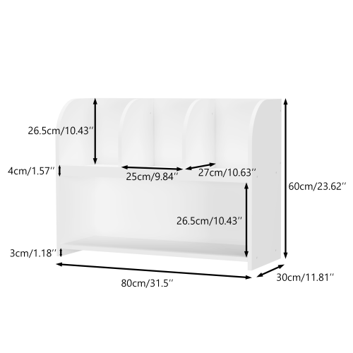 White 4-Compartment Kids Safety Bookcase, MDF Toy Storage Rack Max Load 25Lbs with Wall Buckle