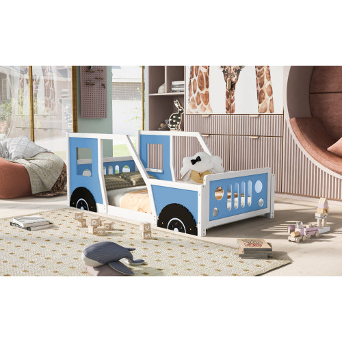 Twin Size Classic Car-Shaped Platform Bed with Wheels,Blue