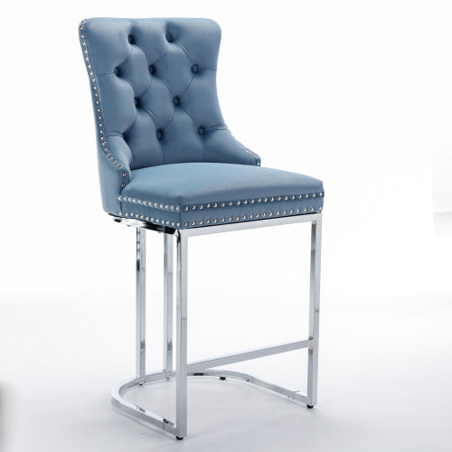 Set of 2 Light Blue 26in Counter Height Velvet Bar Stools,Chrome Metal Legs