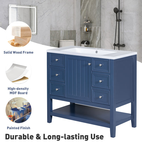 36" Bathroom Vanity with Sink, One Cabinet and Three Drawers, Solid Wood and MDF Board, Blue (Old Sku:SY999505AAC-6)