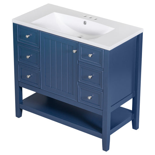36" Bathroom Vanity with Sink, One Cabinet and Three Drawers, Solid Wood and MDF Board, Blue (Old Sku:SY999505AAC-6)