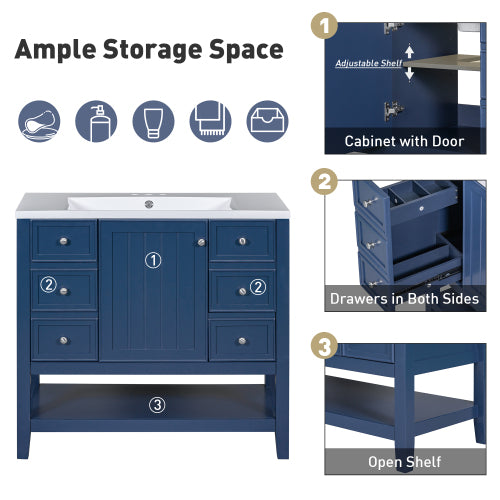 36" Bathroom Vanity with Sink, One Cabinet and Three Drawers, Solid Wood and MDF Board, Blue (Old Sku:SY999505AAC-6)