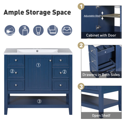 36" Bathroom Vanity with Sink, One Cabinet and Three Drawers, Solid Wood and MDF Board, Blue (Old Sku:SY999505AAC-6)