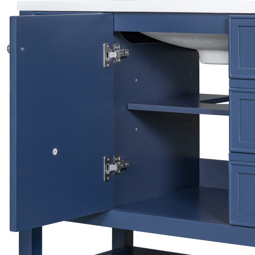 36" Bathroom Vanity with Sink, One Cabinet and Three Drawers, Solid Wood and MDF Board, Blue (Old Sku:SY999505AAC-6)