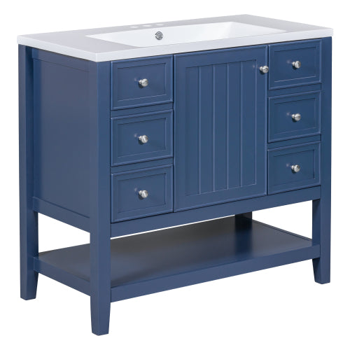 36" Bathroom Vanity with Sink, One Cabinet and Three Drawers, Solid Wood and MDF Board, Blue (Old Sku:SY999505AAC-6)