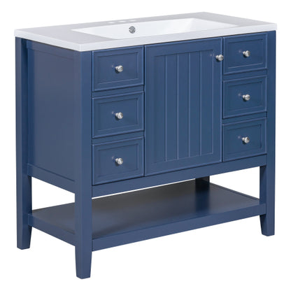 36" Bathroom Vanity with Sink, One Cabinet and Three Drawers, Solid Wood and MDF Board, Blue (Old Sku:SY999505AAC-6)