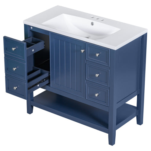 36" Bathroom Vanity with Sink, One Cabinet and Three Drawers, Solid Wood and MDF Board, Blue (Old Sku:SY999505AAC-6)
