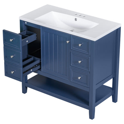 36" Bathroom Vanity with Sink, One Cabinet and Three Drawers, Solid Wood and MDF Board, Blue (Old Sku:SY999505AAC-6)