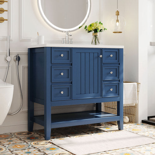 36" Bathroom Vanity with Sink, One Cabinet and Three Drawers, Solid Wood and MDF Board, Blue (Old Sku:SY999505AAC-6)