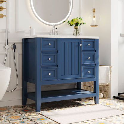 36" Bathroom Vanity with Sink, One Cabinet and Three Drawers, Solid Wood and MDF Board, Blue (Old Sku:SY999505AAC-6)
