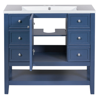36" Bathroom Vanity with Sink, One Cabinet and Three Drawers, Solid Wood and MDF Board, Blue (Old Sku:SY999505AAC-6)