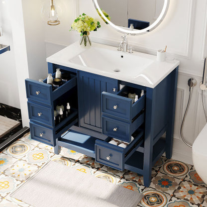 36" Bathroom Vanity with Sink, One Cabinet and Three Drawers, Solid Wood and MDF Board, Blue (Old Sku:SY999505AAC-6)