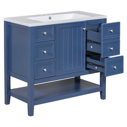 36" Bathroom Vanity with Sink, One Cabinet and Three Drawers, Solid Wood and MDF Board, Blue (Old Sku:SY999505AAC-6)