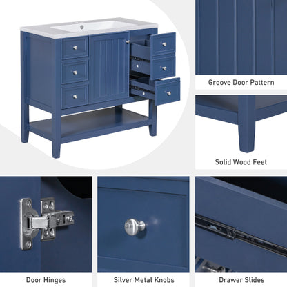 36" Bathroom Vanity with Sink, One Cabinet and Three Drawers, Solid Wood and MDF Board, Blue (Old Sku:SY999505AAC-6)