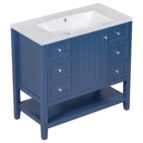 36" Bathroom Vanity with Sink, One Cabinet and Three Drawers, Solid Wood and MDF Board, Blue (Old Sku:SY999505AAC-6)