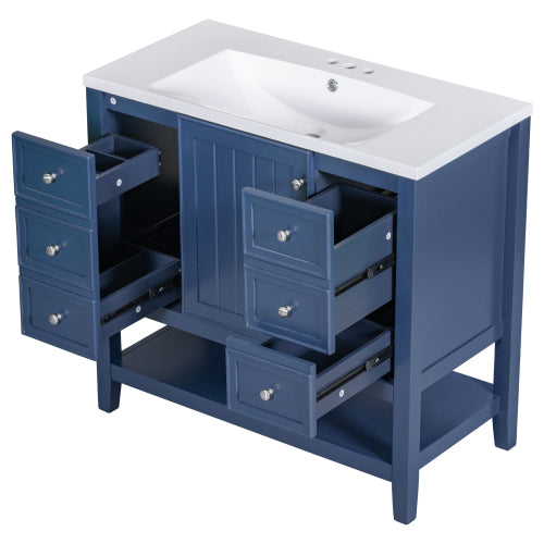 36" Bathroom Vanity with Sink, One Cabinet and Three Drawers, Solid Wood and MDF Board, Blue (Old Sku:SY999505AAC-6)