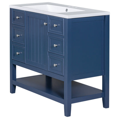 36" Bathroom Vanity with Sink, One Cabinet and Three Drawers, Solid Wood and MDF Board, Blue (Old Sku:SY999505AAC-6)