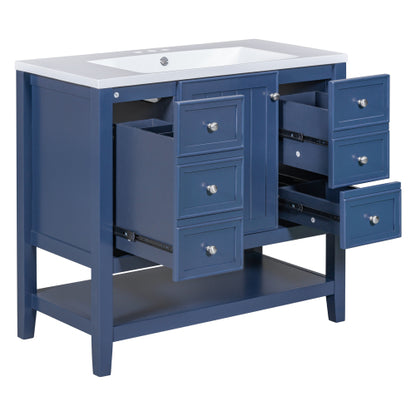 36" Bathroom Vanity with Sink, One Cabinet and Three Drawers, Solid Wood and MDF Board, Blue (Old Sku:SY999505AAC-6)